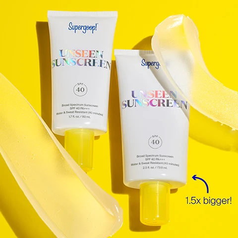 Image 1, 1.5 times bigger. image 2, 100% invisible, weightless gel. image 3, without unseen sunscreen, with unseen sunscreen. under makeup. image 4, the sunscreen everyone is obsessed with. protects with SPF 40, recommended for normal, combination, dry or oily skin. doubles as a makeup gripping primer. image 5, natural, invisible finish, with no white cast on all skin tones. image 6, SPF is the number 1 thing you can do for your skin. we know the biggest barrier to making SPF a daily habit is finding a formula you love. that's why we have 40+ options for al skin types, tones and routines. did you know? up to 90% of the visible signs of aging are caused by the sun.