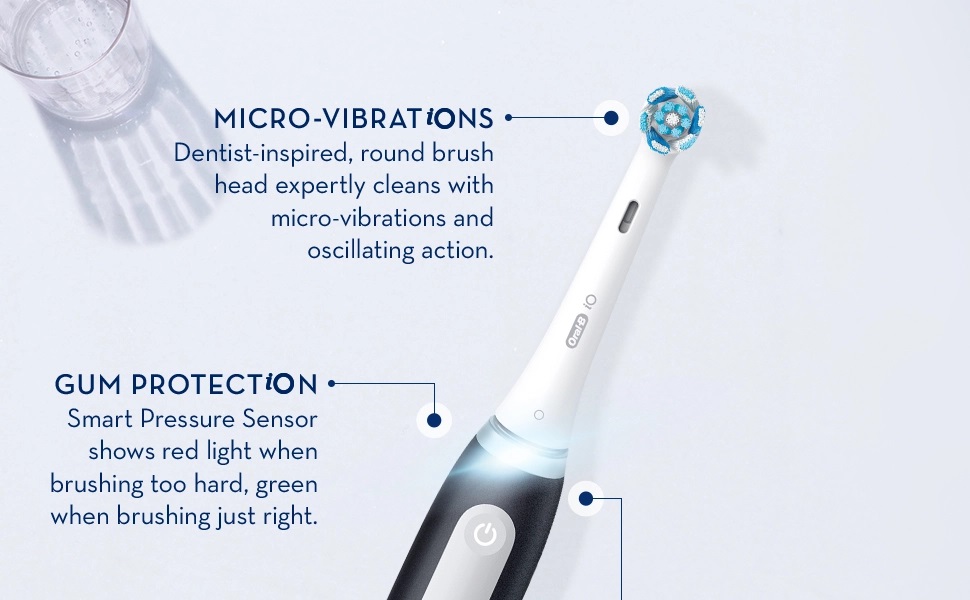 Micro vibrations. Dentist inspired, round brush head expertly cleans with micr-vibrations and oscillating action.Gum protection. Smart pressure sensor shows red light when brushing too hard, green when brushing just right.
