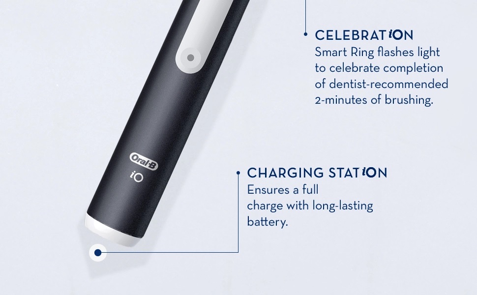 Celebration. Smart ring flashes light to celebrate completiong of dentist recommended 2 minutes of brushing. Charging station. Ensures a full charge with long lasting battery.