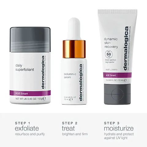STEP 1 exfoliate resurface and purify. STEP 2 treat, brighten and firm. STEP 3 moisturize hydrate and protect against UV light. step 1 daily superfoliant, exfoliate after cleansing, wet hands, dispense, and massage into creamy paste, rinse thoroughly. step 2 biolumin-c serum, brighten and firm skin, smooth over clean face and neck, brighten morning and night. step 3 dynamic skin recovery spf 50, moisturize and protect, apply over face and neck 30 minutes prior to sun exposure. biolumin-c serum brightening vitamin c serum.daily superfoliant resurfacing, anti-pollution powder exfoliant. dynamic skin recovery spf50 firming, emolient moisturizer. 