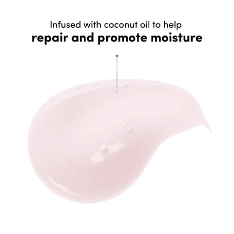 Image 1 - A light pink, translucent blob of liquid with small bubbles is shown on a white background, with a dotted line pointing from the text Infused with coconut oil to help repair and promote moisture to the liquid. Image 2 - A swirled dollop of light pink cream is on a white background, with a dotted line connecting it to the text Infused with Acquaseal Coconut to coat hair and protect against external aggressors. Image 3 - A pink bottle of Coco & Eve Sweet Repair shampoo with water splashing on it is displayed on a wet pink surface against a pink background, with the bottle text reading COCO & EVE SWEET REPAIR REPAIRING & RESTORING SHAMPOO SHAMPOOING RÉPARATEUR ET RECONSTITUANT BIOMIMETIC CERAMIDES + VITAMIN B5 FOR DAMAGED HAIR Net 288 mL / e 9.47 fl. oz. US, and additional text on the right side stating Repairs and restores Helps reduce breakage and split ends Promotes softness and smoothness for healthier looking hair. Image 4 - Two light pink Coco & Eve Sweet Repair shampoo and conditioner bottles with bright pink caps, a pink hibiscus flower, a piece of coconut, and drops of product are displayed on a reflective surface with a purple and pink gradient background, with visible text stating Botanicals blended with vitamin B5, ceramides, vegan keratin and hyaluronic acid for softness and strength, and on the bottles Coco & Eve Sweet Repair Repairing & Restoring Shampoo Shampooing Réparateur et Reconstituant Biomimetic Ceramides + Vitamin B5 For Damaged Hair Net 288 ml / e 9.47 fl oz US, and Coco & Eve Sweet Repair Repairing & Restoring Conditioner Après-Shampooing Réparateur et Reconstituant Ceramides + Vitamin B5 For Damaged Hair Net 288 ml / e 9.47 fl oz US. Image 5 - A smiling blonde woman in a pink bikini holds a golden coconut, with a blue sky and green trees in the background, next to text that reads Transformative, restoring conditioner for hair damaged by: heat styling, excessive brushing and other external aggressors. Image 6 - A split image shows a blonde womans hair from the back, with the left side labeled Before showing frizzy, tangled hair and the right side labeled After showing smoother, shinier hair; below, text reads *Using Sweet Repair Shampoo, Conditioner and Mask as part of a regimen and UNRETOUCHED.