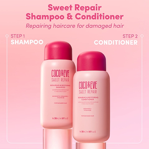 sweet repair shampoo and conditioner. repairing haircare for damaged hair. step 1 = shampoo. step 2 = conditioner