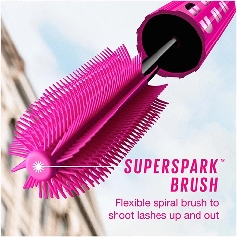 Image 1, superspark brush. flexiable spiral brush to shoot lashes up and out. image 2, 90% agree provides instant transformation. image 3, before and after. image 4, 360 degree lash by lash impact. superspark brush. flaring formula with pro vitamin B5. image 5, flaring formula + pro vitamin B5. weightless and conditioning. image 6, before and after on thin lashes, curly lashes and short lashes.