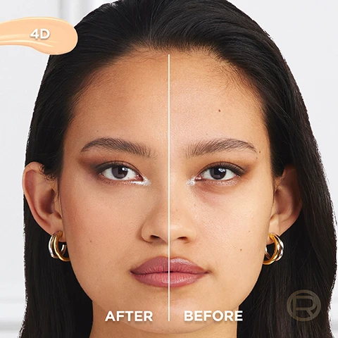 Image 1 - Split image of a womans face comparing before and after results with a product swatch labeled 4D in the top left corner and text that reads AFTER on the left and BEFORE on the right. Image 2 - LOréal True Match Radiant Serum Concealer bottles in multiple shades are shown with the text RADIANT SERUM CONCEALER LORÉAL PARIS true match RADIANT SERUM CONCEALER 1.5% HYALURONIC ACID + CAFFEINE CREASE-RESISTANT CONCEALS DARK CIRCLES RADIANT FINISH SMOOTHS & BRIGHTENS SKIN. Image 3 - Close-up image of a concealer applicator and a model applying concealer under her eye with the text IRON SHAPED APPLICATOR, FOR A PRECISE APPLICATION UNDER EYE OR TARGETED MULTI-USE. Image 4 - A woman in a green top holds a LOréal True Match Serum Concealer tube near her eye, with the text LORÉAL PARIS CORRECTS LIKE A CONCEALER, CARES LIKE AN EYE-SERUM. BECAUSE YOURE WORTH IT. Image 5 - Image of liquid drops with text REPLUMPS SKIN AND SMOOTHS LINES and 1.5% [HYALURONIC ACID + CAFFEINE]. Image 6 - Four makeup brushes lay on swatches of foundation in different shades, with text that says MEDIUM COVERAGE, EASY TO BLEND, SUITABLE FOR SENSITIVE SKIN, and LIGHTWEIGHT TEXTURE. Image 7 - Three hands hold LOreal True Match Radiant Serum Concealer tubes next to arms displaying swatches of multiple shades with text labels 8N 8.5R 9N 9.5N 10D 11N 10R 12N 4D 5R 5D 5.5D 6N 6.5N 7N 8D 0.5D 1N 1R 1.5N 2R 3R 4N, and the image includes the text 17 SHADES WITH A RADIANT FINISH and LOreal Paris true match RADIANT SERUM CONCEALER 1.5% HYALURONIC ACID + CAFFEINE.