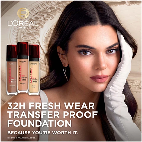 Image 1, 32 hour fresh wear transfer proof foundation. because you're worth it. kendall is wearing shade 150. image 2, instantly luminous skin smoother and brighter in 4 weeks. image 3, perfect coverage, fresh luminous skin. no weigh down, no transfer, all day breathable, all day fresh look. image 4, tested under dermatologist control. non comedogenic, suitable for all skin types, suitable for sensitive skin.