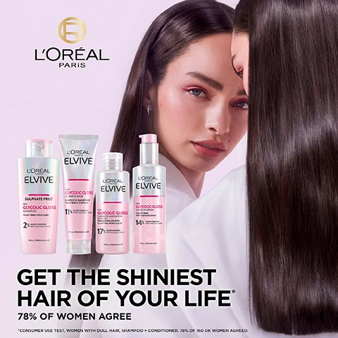 Image 1, get the shiniest hair of your life. 78% of women agree. consumer use test, women with dull hair, shampoo and conditioner. 78% of 160 women agree. image 2, intense long lasting gloss. a hair transformation that lasts up to 5 washes. up to 2 times more shine. up to 88% smoother. instrumental test after one application of the trinome and 5 applications of the shampoo. instrumental tests. image 3, for all hair types, curly, bleaches and straight hair. before and after. image 4, powered with glycolic acid. gloss complex, penetrates deep into the hair to improve hair quality. laminates hair with long lasting shine. image 5, powered with glycolic acid. open cuticles vs closed cuticles. perfectly realigns cuticles to smoothe and seal hair with a shine glaze. image 6, get the shiniest hair of your life 78% of women agree. step 1 = shampoo. step 2 = conditioner. step 3 = lamination treatment. step 4 = leave in serum. consumer use test, women with dull hair, shampoo and conditioner. 78% of 160 women agree.