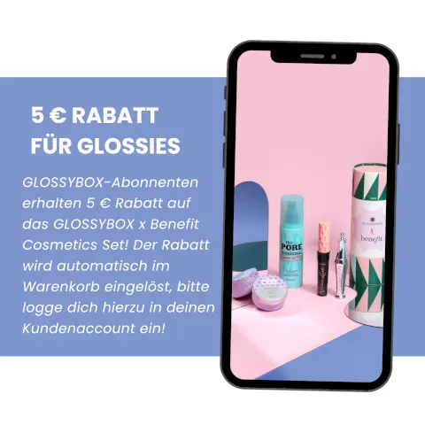 5 Euros RABATT FÜR GLOSSIES. GLOSSYBOX-Abonnenten erhalten 5 € Rabatt auf das GLOSSYBOX x Benefit Cosmetics Set! Der Rabatt Wird automatisch im Warenkorb eingelöst, bitte logge dich hierzu in deinen Kundenaccount ein!