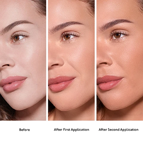 Image 1, before, after first application, after 2 application. image 2, experience that weightless texture, addictive fragrance and luxurious matte finish. 24 hour hydration long lasting. non transfer. natural matte finish. buildable. 97% naturally derived ingredients. clean formula. vegan formula. validated by efficacy test