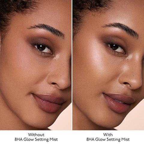 Image 1, without 8HA glow setting mist vs with. image 2, up to 16 hours of makeup wear. up to 8 hours of hydration. +103% immediate hydration. image 3, The image shows a purple spray bottle labeled By Terry Hyaluronic Glow Setting Mist against a purple background with water droplets. The bottle has an 8x Hyaluronic Acid Types label and mentions Ultra Care Spray for up to 16 hours. The key ingredients are listed on the left: 90 percent naturally derived ingredients alcohol and fragrance free 1 percent 8x hyaluronic acid types exclusive technology an innovative technology that combines 8 types of hyaluronic acid with 3 different molecular weights to hydrate all layers of the epidermis 2 percent camellia japonica flower extract a natural extract with powerful antioxidant properties it protects the skin from premature aging caused by pollution and environmental conditions 1 percent freshbiome a proprietary complex that contains a blend of 3 probiotics and 4 ceramides helps maintain a healthy skin balance and protect the delicate skin barrier. image 4, The image shows a product advertisement for By Terry Hyaluronic Glow Setting Mist with consumer results. The image is divided into two sections, labeled The image explains the use of 8x Hyaluronic Acid Types with a graphic showing layers of the epidermis. The graphic has three rows of water droplets, each representing different molecular weights of hyaluronic acid penetrating the skin layers. The top text reads: 8x Hyaluronic Acid Types Exclusive Technology On the right side, the graphic is labeled "Epidermis Layers." Below the graphic are three descriptions: x2 High HA Molecular Weight For Immediate Hydration x2 Medium HA Molecular Weight Fills, Plumps and Smooths x4 Low HA Molecular Weight For Long-Lasting Hydration. image 5, A close-up image of a woman's face with smooth glowing skin and glossy lips. Various product benefits are listed over the image in white text: primes and sets for up to 16 hours hydrates for up to 8 hours replenishes and revitalizes for an instant glow of freshness protects against pollution and external aggressions enhances with a dewy and radiant finish evens skin tone and tightens pores. image 6, The image showcases "The Ultimate Skin Hydration Routine" with four By Terry products arranged in steps. Each product image is accompanied by a description of its function. 1. Hyaluronic Global Serum: A dropper bottle of serum. Text reads: Renews + Protects 2. Hyaluronic Global Eye Serum: A tube of eye serum with a metal applicator tip. Text reads: Brightens + De-puffs 3. Hyaluronic Global Face Cream: A jar of face cream. Text reads: Moisturises + Illuminates 4. Hyaluronic Glow Setting Mist: A purple spray bottle. Text reads: Hydrates + Protects At the top of the image, large text reads: The Ultimate Skin Hydration Routine Each product description includes the visible product name: By Terry Hyaluronic