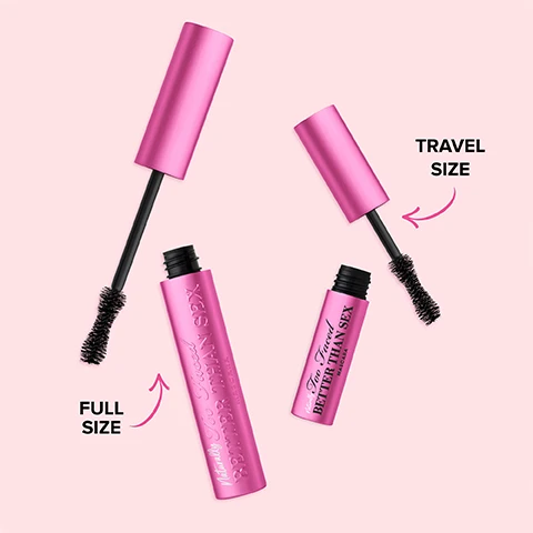 Image 1, full size vs travel size. image 2, naturally better than sex, volumise, lengthen, curl and condition. 98% naturally derived formula. per ISO 16128 standard from plant sources, non petroleum mineral sources and or water. image 3, no lash editing. mascara on dense, curly, straight and fine lashes. image 4, opthamologist tested, safe for contact lense wearers, sensitive eye friendly. image 5, iconic hourglass shape brush - separates and coats each lash with our intense black volumizing formula. image 6, curl, volumize, lengthen, condition