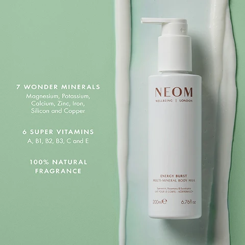 Image 1 - A white pump bottle of body milk next to a streak of lotion on a green and blue background with text 7 WONDER MINERALS Magnesium Potassium Calcium Zinc Iron Silicon and Copper 6 SUPER VITAMINS A B1 B2 B3 C and E 100% NATURAL FRAGRANCE NEOM WELLBEING LONDON ENERGY BURST MULTI-MINERAL BODY MILK Spearmint Rosemary & Eucalyptus LAIT POUR LE CORPS - KÖRPERMILCH 200mle 6.76fl oz. Image 2 - A person applies lotion to their leg while holding a bottle of NEOM body milk, with text reading NEOM WELLBEING | LONDON ENERGY BURST MULTI-MINERAL BODY MILK Spearmint, Rosemary & Eucalyptus LAIT POUR LE CORPS - KÖRPERMILCH 200mle 6.76fl oz 93% AGREED THAT THEIR SKIN LOOKED HEALTHIER AFTER USE* *Independent blind study over two weeks on 57 people. Image 3 - Watercolor illustrations of spearmint, rosemary, and eucalyptus branches on a green background with the text SPEARMINT ROSEMARY EUCALYPTUS.