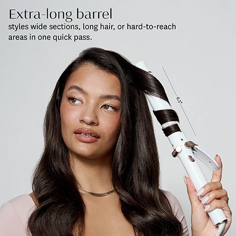 Image 1, extra long barrel styles wide sections, long hair or hard to reach areas in one quick pass. image 2, barrel size, 1 inch, 1 and a quarter inch, 1 and a half inch. image 3, 9 precise heat settings for every hair type. coarse texture 7-9, medium texture 5-6, fine texture 1-4. image 3, pro glide clip design feautres a super responsive clip lever for effortless control with smooth glide. image 4, ceragloss ceramic barrel glides effortlessly through hair to smooth and boost shine as your style. image 4, cool tip features a ventilates design for a comfortable grip that stays cool to the touch. image 5, digital t3 pass technology ensures advanced heat precision for lasting results in just one pass. 9 heat settings deliver precise heat for all hair types and textures. ceramic heater technology delivers uniform heat no hot or cool spots for fast one pass styling. smart microchip digitally regulates temperature to keep heat in fluctuations in check