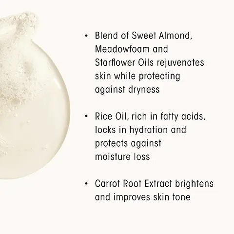 Image 1, ﻿ . Blend of Sweet Almond, Meadowfoam and Starflower Oils rejuvenates skin while protecting against dryness • Rice Oil, rich in fatty acids, locks in hydration and protects against moisture loss • Carrot Root Extract brightens and improves skin tone. Image 2, ﻿ Blend of Sweet Almond, Meadowfoam and Starflower Oils rejuvenates skin while protecting against dryness Jojoba restores skin's moisture barrier and promotes elasticity • Shea Butter promotes elasticity and replenishes lost moisture, making skin appear firmer Image 3, ﻿ Valley of Flowers Woody Floral Key Notes Top: Sparkling Pomelo, Italian Bergamot, Blue Violet Middle: Bulgarian Rose, White Peony, Jasmine Petals Drydown: Warm Amber, Sandalwood, Creamy Musk
