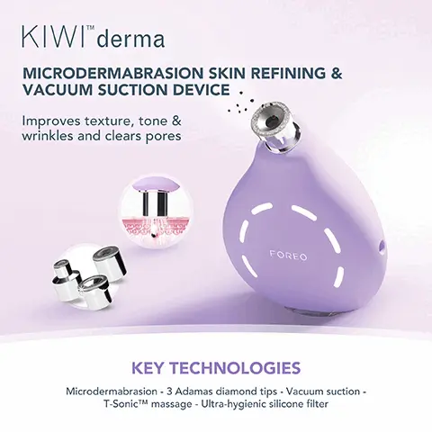 Image 1, KIWITM derma MICRODERMABRASION SKIN REFINING & VACUUM SUCTION DEVICE. Improves texture, tone & wrinkles and clears pores FOREO KEY TECHNOLOGIES Microdermabrasion - 3 Adamas diamond tips - Vacuum suction - T-SonicTM massage - Ultra-hygienic silicone filterm Image 2, ﻿ UFOTM 3 ADVANCED SKIN WELLNESS BOOSTER Hydrating anti-ageing LED facial device Deeply hydrates, massages and revitalizes skin in just 2 minutes for a long-lasting youthful complexion KEY TECHNOLOGIES Full-spectrum LED - Warming - Cooling - T-SonicTM massage - 2-min hyper infusion Image 3, ﻿ SKIN REFINING TREATMENT IMPROVES SKIN TEXTURE REDUCES APPEARANCE OF WRINKLES UNCLOGS & MINIMIZES PORES INCREASES ABSORPTION OF SKINCARE Image 4, ﻿ CLINICAL RESULTS 96% consumers reported reduced blackheads, whiteheads, dirt & impurities 90% consumers reported softer, smoother & more healthy skin 90% consumers reported minimized pores, more even tone & younger-looking skin *Based on consumer testing with 30 subjects, aged 20-45, over 14 days. Image 5, ﻿ CLINICALLY PROVEN TO: INCREASE SKIN MOISTURE LEVELS BY 126% FOR UP TO 6 HOURS FOREO BE MORE EFFECTIVE THAN A SHEET MASK ALONE IN JUST 2 MINUTES *Based on 28-day clinical testing on 24 female subjects, aged 18 to 35. Image 6, ﻿ KIWI derma UFO 3 голко Do's • Regular moisturiser applications are vital to replenish the skin, preventing dryness and peeling • Use SPF 30+ daily • Cleanse using a balm/oil cleanser in the evenings with a damp cloth, following up with a gel/cream cleanser to remove any SPF or makeup • Use UFOTM 3 to hydrate, replenish, and calm skin post-treatment and resume your skincare after 1 week Do's • Always start with a makeup-free, clean, and dry face to ensure proper hyper-infusion of skincare actives • Adjust and save up to 8 customized treatments on the device so you can easily use your UFOTM 3 offline • You can repeat the treatment for as long as there is any mask essence left, or squeeze the liquid left over in the sachet • Advanced Temperature Control allows using UFOTM 3 with most of your own sheet masks but, for optimal safety, we recommend researching the effects of temperature change on any non-FOREO masks Image 7, ﻿ KIWI derma UFO 3 голко Dont's • A week before microdermabrasion treatment avoid retinol, chemical exfoliants, and Vitamin C • For 24 hours: Avoid hot showers/baths, swimming, hair removal, fake tan and makeup • For 48 hours: Avoid sun exposure or sunbeds • For 72 hours: Do not use any anti-aging creams. AHA's, glycolics, retinol, exfoliating products, or Vitamin C Dont's • If you have a skin condition or any medical concerns, please consult a dermatologist before use • Be careful in the under-eye regions and do not bring the device into contact with the eyelids or eyes • Do not place directly onto the face with power on without a mask in between the skin and the device • UFOTM 3 has a heated surface. Those sensitive to heat must use caution and care when using this device Image 8, ﻿ AFTER BEFORE REDUCES FINE LINES & WRINKLES EVENS SKIN TEXTURE AND TONE