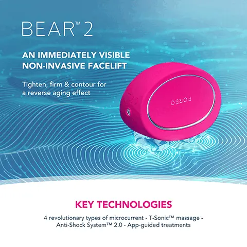 Image 1, BEAR 2 AN IMMEDIATELY VISIBLE NON-INVASIVE FACELIFT Tighten, firm & contour for a reverse aging effect Ознов KEY TECHNOLOGIES 4 revolutionary types of microcurrent - T-SonicTM massage- Anti-Shock SystemTMM 2.0 - App-guided treatments Image 2, ﻿ FOREO SUPERCHARGEDTM SERUM SÉRUM SERUM -2.0 - Firm, renew & replenish FOREO PERCHARGED SERUM SCRUM SERUM 2.0 30 Le KEY INGREDIENTS 5 kinds of HA - Squalane - Vitamin E - Ceramides - Amino Acids - Panthenol - Electrolytes Image 3, ﻿ REPLENISHING HYALURONIC ACID COMPLEX ANTIOXIDANT-RICH SQUALANE, CERAMIDES & VITAMIN E MOISTURIZING PANTHENOL + AMINO ACID (SERINE) CONDUCTIVE MOISTURIZING ELECTROLYTES Image 4, ﻿ MICROCURRENT FACIAL DEVICE REDUCE WRINKLES. IMPROVE FIRMNESS. REAL RESULTS IN 1 WEEK. *Based on 30-day clinical testing on 40 female subjects, aged 25 to 55. FORE A CRUM ERUN CRUN 20- cen Image 5, ﻿ CLINICAL RESULTS 95% of consumers reported younger skin & lifted cheekbones 93% of consumers reported brighter, healthier & plumper skin 93% of consumers reported less puffiness and sagging *Based on 30-day clinical testing on 40 female subjects, aged 25 to 55. Image 6, ﻿ AFTER BEFORE Clinically proven to significantly improve deep wrinkles & fine lines. Clinically proven to significantly improve skin firmness & elasticity. AFTER BEFORE