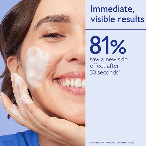 Image 1, immediate, visible results. 81% saw a new skin effect after 30 seconds. cinical test, % of satisfaction, 21 volunteers, 28 days. image 2, AHAs improves skin texture. mandelic acid - exfoliates and brightens skin. organic grape water = moisturising, soothing, anti-oxidant, prebiotic. image 3, vinoperfect foam = daily peeling treatment, cleanses and exfoliates, brighter skin. vinoclean foam = daily cleanser, gently purify skin, hydrated skin
