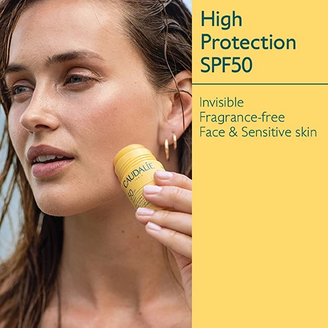 Image 1 - A woman with wet hair applies a yellow stick sunscreen to her cheek, with text alongside reading High Protection SPF50, Invisible, Fragrance-free, Face & Sensitive skin.
              Image 2 - Image shows a yellow background with a round container of cream, a yellow stick sunscreen labeled CAUDALIE with SPF 50, and a small green fruit, accompanied by text highlighting organic buriti oil, moisturizing properties, and grapeseed oil as an antioxidant.
              Image 3 - A hand holding a yellow sunscreen stick above water, with the text Non-greasy, water-resistant formula visible.
              Image 4 - Image shows the Vinosun Protect line of sunscreen products by Caudalie, featuring a yellow background and six products labeled as Spray SPF30/50, Cream SPF30/50+, Stick SPF50+, Sun water SPF50+, and Lightweight Cream SPF50+.
              Image 5 - Image shows two skincare products from Caudalie side by side: a yellow stick labeled High Protection Invisible Stick and a cream tube labeled Very High Protection Lightweight Cream, with check marks indicating both are for face, daily use, and fragrance-free.
              Image 6 - Image shows a collection of six yellow sunscreen products from Caudalie on a sandy background, with text that reads: Suitable for children from 3 years, UVA/UVB High Protection, Green on scanner apps.