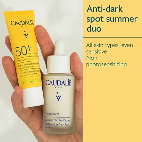 Image 1, anti-dark spot summer duo = all skin types, even sensitive non photosensitizing. image 2, your anti-dark spot duo. 1 = correct, brightening dark spot serum. 2 = protect with very high protection cream SPF 50+. image 3, apply the vinoperfect serum before your sunscreen
