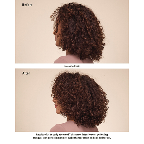 Before Unwashed hair. After Results with be curly advanced shampoo, intensive curl perfecting masque, curl perfecting primer, curl enhancer cream and coil definer gel.