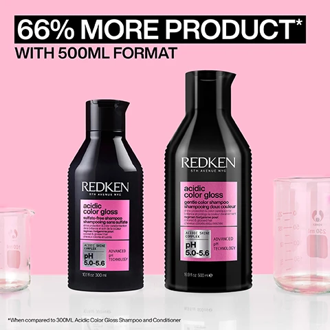 Image 1, 66% more product with 500ml format. when compared to 300ml acidic colour gloss shampoo and conditioner. image 2, acidic ph formula seals the cuticle. locking in colour vibrancy and shine for up to 16 washes. when using shampoo and conditioner. image 3, before and after. boost colour vibrancy for up to 16 washes. using acidic colour gloss shampoo and conditioner. image 3, before and after. one us of acidic color gloss system. image 4, how to use acidic colour gloss. 1 = shampoo and rinse. 2 = apply treatment to towel dried hair from mid-lengths to ends. leave on for 5 minutes. rinse. recommended to wear suitable disposable gloves. 3 = apply conditioner from mid lengths to ends to lock in moisture. rinse. 4 = spray leave in liberally to damp hair, then style. image 5, 1 = cleanse. 2 = gloss. 3 = condition. 4 = leave in and protect. image 6, sulfate free for a gentle cleanse. image 7, glass like shine for up to 3 days. before and after. look created using redkens SEQ (redken salon only service) and acidic color gloss. consumer test using acidic colour gloss system. image 8, customer review = life changing. i dye my hair regularly due to colour fading so fast using other shampoos. however, this has maintained my colour and if anything made it look more vibrant and glossy than before. recieved the product to try from marie claire beauty drawer feb 2024.
