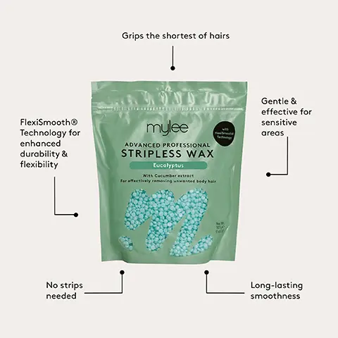 Grips the shortest of hairs. Gentle & effective for sensitive areas. FlexiSmooth Technology for enhanced durability & flexibility. No strips needed. Long-lasting smoothness. Step-By-Step. 1. HEAT. Place the wax beads in the silicone jar and heat using the H1 or H2 settings. 2. PREP. Prep the skin by applying Mylee 2-In-1 Pre & Post Wax Oil on the area to be waxed. 3. TEST. Test the temperature of the wax on the inside of your wrist - it should be warm, not hot. 4. SPREAD. Using a disposable spatula, spread the wax in the direction of hair growth. 5. COOL. Let the wax cool and harden. 6. PULL. Pinch one end and pull the wax off against the direction of hair growth. 7. FINISH. Once all areas have been waxed, apply more Pre & Post Wax Oil to moisturise the skin and remove any wax residue.