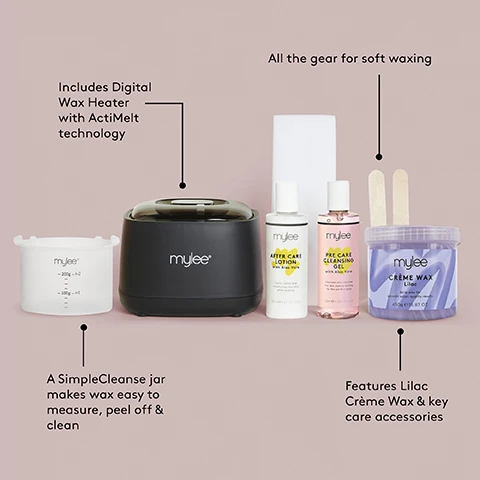 Image 1, includes digital wax heater with acti melt technology. all the hear for soft waxing. a simple cleanse jar makes wax easy to measure, peel off and clean. features lilac creme wax and key care accessories. image 2, step by step. 1 - heat the wax using the C1 or C2 setting. 2 = prep the skin by applying mylee pre cleansing gel on the area to be waxed and wait to dry. this ensure there's no oil that could interfere with results. 3 = test the temperature on the inside of your wrist - it should be warm and not hot. 4 = using a disposable spatula, spread the wax in the direction of hair growth. 5 = add a strip over the creme wax and smooth down. 6 = pull off with a firm action against the direction of hair growth. repeat until all hair is removed in the area. 7 = once all areas have been waxed, apply some mylee after care lotion and moisturise the skin.