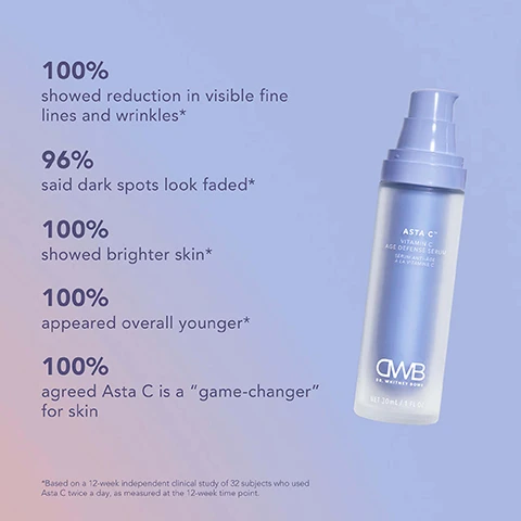 Image 1, 100% showed reduction in visible fine lines and wrinkles. 96% said dark spots look faded. 100% showed brighter skin. 100% appeared overall younger. 100% agreed asta C is a game changer for skin. based on a 12 week independent clinical study of 32 subjects who used asta c twice a day as measured at the 12 week time point. image 2, 2 times newer vitamin c forms (tetrahexyldecyl ascorbate, 3-O=ethyl ascorbic acid. astaxanthin (powerhouse algae-based antioxidant), fermented turmeric. image 3, morning routine = cleanser, asta c serum, bowe glowe cream, sunscreen. evening routine - exfoliation night = cleanser, exfoliation night serum, asta c serum, bowe glowe cream. evening routine - retinal night = cleanser, asta c serum, retinal night treatment, bowe glowe cream. evening routine - recovery nights = cleanser, asta c serum, bowe glowe cream, rich recovery cream. image 4, before and after - 12 week independent clinical study of 32 subjects who used asta c twice a day, as measured at the 12 week time point.
