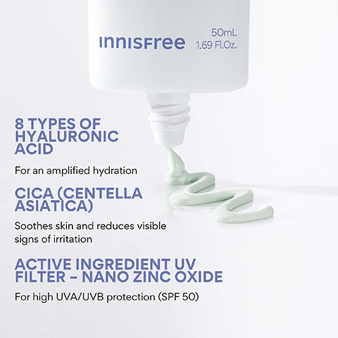 Image 3 - A white tube of Innisfree skincare product with 50mL 1.69 Fl.Oz. printed on it is shown squeezing out a light green cream onto a white surface, with text beside it listing 8 TYPES OF HYALURONIC ACID For an amplified hydration, CICA (CENTELLA ASIATICA) Soothes skin and reduces visible signs of irritation, and ACTIVE INGREDIENT UV FILTER - NANO ZINC OXIDE For high UVA/UVB protection (SPF 50). Image 4 - A hand holds a white Innisfree Daily UV Defense Mineral Sunscreen tube against a light blue and pink background, alongside text presenting product statistics and a disclaimer. The visible text on the tube includes CL001, DAILY UV DEFENSE MINERAL SUNSCREEN™, innisfree, HIGH PROTECTION HAUTE PROTECTION, SPF 50, FACE SUNSCREEN, CRÈME SOLAIRE POUR LE VISAGE, innisfree, 50mL 1.69 FL.Oz. The bullet points state: 83% felt their skin instantly hydrated after use*, 90% felt their skin looks healthy after use*, 86% felt that the product neutralizes the appearance of redness, trouble spot*. The bottom disclaimer reads: *Based on a 14-day independent consumer study on 30 women aged 20-35. Image 5 - A white tube of Innisfree Daily UV Defense Mineral Sunscreen is displayed with accompanying text that reads HIGH PROTECTION + REDNESS PROTECTION, Formulated with nano zinc, SPF50 protection against UVA & UVB Rays, and on the tube itself Innisfree, DAILY UV DEFENSE MINERAL SUNSCREEN™, HIGH PROTECTION HAUTE PROTECTION, (UVA) SPF 50, FACE SUNSCREEN, CRÈME SOLAIRE POUR LE VISAGE, INNISFREE, 50ml 1.69 FL.OZ. Image 6 - A close-up of a person applying white cream to their cheek, with text overlayed that reads WHO IS THIS GOOD FOR? Redness & uneven tone, Lightweight, non-greasy SPF, Daily protection + tone-up effect.