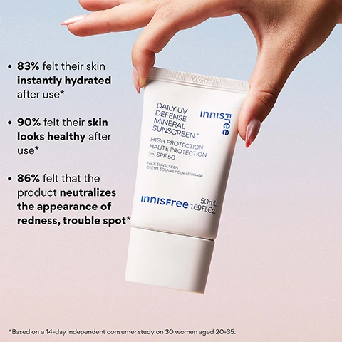 Image 3 - A hand holds a white tube of Innisfree sunscreen, alongside text detailing product benefits and information: 83% felt their skin instantly hydrated after use*, 90% felt their skin looks healthy after use*, 86% felt that the product neutralizes the appearance of redness, trouble spot*; the tube itself reads CL001, DAILY UV DEFENSE MINERAL SUNSCREEN™, innisfree, HIGH PROTECTION HAUTE PROTECTION, UVA SPF 50, FACE SUNSCREEN, CRÈME SOLAIRE POUR LE VISAGE, innisfree 50mL 1.69 FL. OZ.; and the bottom of the image includes the disclaimer: *Based on a 14-day independent consumer study on 30 women aged 20-35. Image 4 - A white tube of Innisfree Daily UV Defense Mineral Sunscreen with SPF 50 is shown alongside text stating HIGH PROTECTION + REDNESS PROTECTION, Formulated with nano zinc, and SPF50 protection against UVA & UVB Rays. Image 5 - A smiling person with freckles applies white cream to their cheek, with overlaid text that reads WHO IS THIS GOOD FOR? followed by three checked items: Redness & uneven tone, Lightweight, non-greasy SPF, Daily protection + tone-up effect. Image 6 - A white tube of Innisfree skincare product with light green cream squeezed out in a wavy line, accompanied by text that reads: Innisfree, 50mL, 1.69 Fl.Oz., 8 TYPES OF HYALURONIC ACID For an amplified hydration, CICA (CENTELLA ASIATICA) Soothes skin and reduces visible signs of irritation, ACTIVE INGREDIENT UV FILTER - NANO ZINC OXIDE For high UVA/UVB protection (SPF 50).