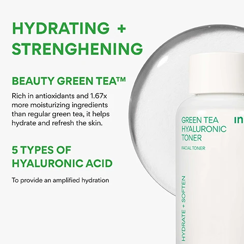 Image 4 - A white bottle of Green Tea Hyaluronic Toner is on the right with a translucent bubble behind it, and text on the left reads HYDRATING + STRENGTHENING, BEAUTY GREEN TEA™ Rich in antioxidants and 1.67x more moisturizing ingredients than regular green tea, it helps hydrate and refresh the skin, 5 TYPES OF HYALURONIC ACID To provide an amplified hydration, with the bottle label displaying GREEN TEA HYALURONIC TONER, FACIAL TONER, and HYDRATE + SOFTEN. Image 5 - The image shows a white bottle of Innisfree Korean Green Tea Hyaluronic Toner with a green tea leaf, displaying the visible text: innisfree, KOREAN GREEN TEA HYALURONIC TONER, 93% felt their skin moisturized instantly right after using the product*, 93% felt their skin supple with fast absorption*, 86% felt their skin moisture barrier improved after usage*, *Based on a 14-day independent consumer study on 30 women aged 20-35, and on the bottle: GREEN TEA HYALURONIC TONER, FACIAL TONER, HYDRATE + SOFTEN, innisfree, 150 mL, 5.07 FL.Oz., GREEN TEA + HA*. Image 6 - A smiling woman pours Innisfree Green Tea Hyaluronic Toner onto a cotton pad, with text WHO IS THIS GOOD FOR? and checkboxes listing Sensitive skin, Dull or tight skin, Dry or dehydrated skin.