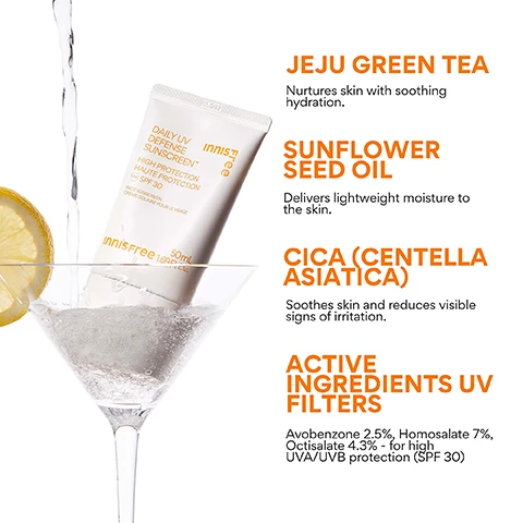 Image 4 - A white tube of Innisfree Daily UV Defense Sunscreen is partially submerged in a martini glass with a lemon slice and splashing water, with visible text on the tube reading INNISFREE DAILY UV DEFENSE SUNSCREEN innisfree HIGH PROTECTION HAUTE PROTECTION SPF 30 FACE SUNSCREEN CRÈME SOLAIRE POUR LE VISAGE innisfree 50mL 1.69 fl. oz., and additional text on the right side of the image listing key ingredients and benefits: JEJU GREEN TEA Nurtures skin with soothing hydration; SUNFLOWER SEED OIL Delivers lightweight moisture to the skin; CICA (CENTELLA ASIATICA) Soothes skin and reduces visible signs of irritation; and ACTIVE INGREDIENTS UV FILTERS Avobenzone 2.5%, Homosalate 7%, Octisalate 4.3% - for high UVA/UVB protection (SPF 30). Image 5 - A white tube of Innisfree sunscreen with a ribbon of white product squeezed out below it, displays text including DAILY UV DEFENSE SUNSCREEN™ innisfree, HIGH PROTECTION HAUTE PROTECTION UVA UVB SPF 30, FACE SUNSCREEN CRÈME SOLAIRE POUR LE VISAGE, and innisfree 50mL 1.69 Fl. Oz.; additional text next to the tube reads KOREAN SPF 30 + DEWY GLOW, 93% felt that the texture is light*, 90% felt the product doesn’t leave any white cast*, 86% felt their skin looks dewy and more radiant*, and the footnote *Based on a 14-day independent consumer study on 30 women aged 20-35. Image 6 - A white Innisfree sunscreen tube dispenses a white cream onto a surface, with text indicating NO WHITE CAST, ALL GLOW, Innisfree, 50mL, 1.69 Fl. Oz., Glowy finish, Oxybenzone + Octinoxate-free, and SPF 30 protection against UVA & UVB Rays. Image 7 - A radiant, smiling woman with dark skin and yellow nail polish has a white product dabbed on her cheek, against a yellow background, with text that reads: WHO IS THIS GOOD FOR? Glow seekers, Dull or dry skin, Everyday sun protection, Those avoiding white cast.