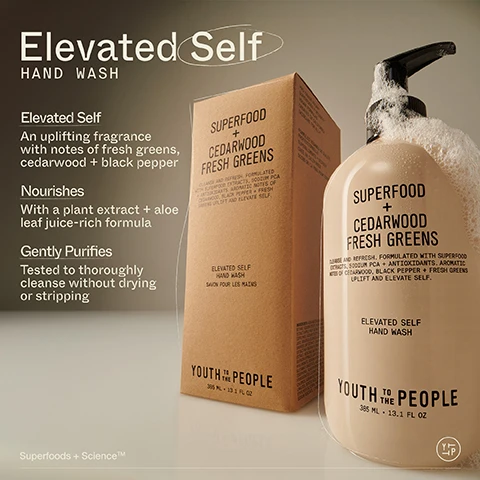 Image 1, elevated self hand wash. elevated self - an uplifting fragrance with notes of fresh greens, cedarwood and black pepper. nourishes - with a plant extract and aloe leaf juice rich formula. gently purifies - tested to thoroughly cleanse without drying or stripping. superfoods + science. image 2, sodium PCA - replenishes and helps retain vital moisture after every use. kale + green tea extracts - antioxidants known to diffuse the intensity of daily aggressors. plant based surfactants - remove impurities without stripping or drying. image 3, elevated self notes = bright - fresh citrus and greens. earthy - vetiver and black pepper. smoky - cedar and guaiac woods. image 4, after every rinse - skin looks hydrated and healthy. skin feels silky, soft and smooth. image 5, hand care reimagined. skincare level benefits, uplifting scents designed to transport and inspire. hand wash - cleanse and purify. hand and body lotion - soften and nourish.