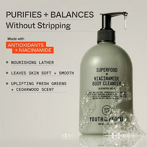 Image 1, purifies and balances without stripping. made with antioxidants and niacinamide. nourishing lather, leaves skin soft and smooth, uplifting fresh greens and cedarwood scent. image 2, kale and green tea extracts - known to nourish with antioxidants and vitamins. niacinamide and sodium PCA - helps replenish and balance moisture barrier. plant surfactants - gently cleanse away build up. image 3, fresh antioxidant gel. silky foam lather. image 4, 94% said skin feels soft and soothed. 92% said skin looks healthy and visibly clear. based on a 51 person consumer study after 2 weeks. image 5, elevated self. fragrance notes = bright - fresh, dew drenched greens. smoky - cedar and guaiac woods. earthy - vetiver and black pepper. image 6, 1 = superfood and niacinamide body cleanser - purify and soften without stripping. 2 = 10% AHA and yerba mate energy body scrub - smooth texture and brighten dull skin. 3 = hydrate and glow dream body butter - firm and seal in 48 hour moisture. image 7, clinically measured and consumer tested. mind your body - results you can see, scents that uplift. image 8, 100% PCR bottle, FSC certified recyclable carton.