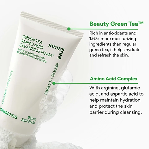 Image 3 - A white Innisfree Green Tea Amino Acid Cleansing Foam tube, partially squeezed with white foam, displays the text GREEN TEA AMINO ACID CLEANSING FOAM, FACIAL CLEANSING FOAM MOUSSE PURIFIANTE VISAGE, innisfree, CLEANSE + HYDRATE, NETTOIE + HYDRATE, and 150 mL 5.07 FL.Oz., alongside two descriptive sections: Beauty Green Tea™ Rich in antioxidants and 1.67x more moisturizing ingredients than regular green tea, it helps hydrate and refresh the skin; and Amino Acid Complex With arginine, glutamic acid, and aspartic acid to help maintain hydration and protect the skin barrier during cleansing. Image 4 - A hand squeezes a tube of Innisfree Green Tea Amino Acid Cleansing Foam, dispensing white foamy product into another hand, with text on the right stating HYDRATE & CLEANSE, followed by 93% felt abundant moisture while using the product*, 96% felt the foam feels gentle on the skin without any irritation*, and 90% felt like makeup residue is well cleansed and dirt is removed after using the product*, with a footnote *Based on a 14-day independent consumer study on 30 women aged 20-35. Image 5 - A white bottle of Innisfree cleanser overflowing with white foam is shown with text overlaying the image that reads KOREAN GENTLE CLEANSER, Whisks away dirt + impurities, Non-stripping, Rich, creamy texture, Sulfate-Free, innisfree, 150 mL 5.07 FL.OZ., and CLEANSE + HYDRATE. Image 6 - A smiling woman with green nail polish applies foaming cleanser to her face while holding a tube of innisfree Green Tea Amino Acid Cleansing Foam, with text asking WHO IS THIS GOOD FOR? and listing Dry skin, Daily makeup wearers, and Gentle, hydrating cleanse seekers.