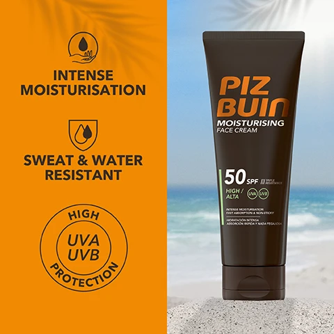 image 1, intense moisturisation. sweat and water resistant. high UVA UVB protection. image 2, protects against premature skin aging. moisturising E. immediate UVA and UVB protection
