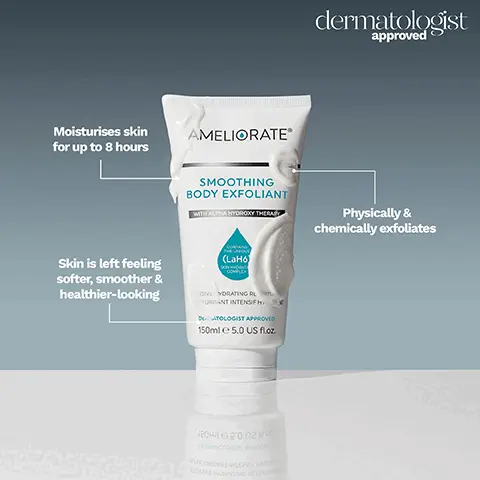 Image 1, ﻿ Moisturises skin for up to 8 hours AMELIORATE dermatologist approved SMOOTHING BODY EXFOLIANT WITH ALPHA HYDROXY THERAPY Physically & chemically exfoliates Skin is left feeling softer, smoother & healthier-looking (LaH6) COMPLEX GIVE YDRATING RL TURANT INTENSIFH DEATOLOGIST APPROVED 150ml 5.0 US floz 20 РЕВНОГОР УБЬКОЛЕР bons MLEV HADI DOME HADWYLIMO Image 2, ﻿ AMELIORATE Increases moisture levels in the skin for up to 8 hours NOURISHING BODY WASH Cleanses without drying skin SPECIALIST SKINCARE FOR (La ANHING SHOWER CLEANS HETTOYANT REGENERANT POUR LA DOUCHE AMATOLOGIST APPROVED 20ml e 6.7 US floz sonry pono «шолиц веерири dermatologist approved Replenishes & enhances the skin's natural protective barrier