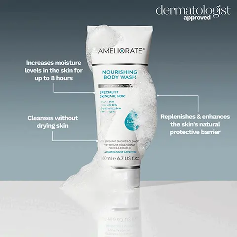 Image 1, AMELIORATE Increases moisture levels in the skin for up to 8 hours NOURISHING BODY WASH Cleanses without drying skin SPECIALIST SKINCARE FOR: (La ANDHING SHOWER CLEANS HETTANT REGENERANT POUR LA DOUCHE AMATOLOGIST APPROVED 20ml e 6.7 US floz sonry pono ««шолиц веериси dermatologist approved Replenishes & enhances the skin's natural protective barrier Image 2, Promotes surface skin cell renewal AMELIORATE® TRANSFORMING BODY LOTION WITH ALPHA HYDROXY THERAPY Resurfaces rough, dry, bumpy skin texture CONTAINS THE UNIQUE (LaH6) SKIN HYDRATION COMPLEX INTENSIVE SMOOTHING HYDRATOR HYDRATANT INTENSIF LISSANT DERMATOLOGIST APPROVED 200ml e 6.7 US fl.oz. dermatologist approved Intensely hydrates for up to 24 hours
