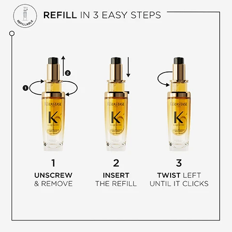 Image 1, refill in 3 easy steps. 1 = unscrew and remove. 2 = insert the refill. 3 = twist left until it clicks. image 2, before and after. 3 illustrations of the contemplated results obtained after applying the product elixir ultime huile originale. image 3, versatile beautifying hair oil. up to 2 times shinier hair for 48 hours. up to 70% instant softness. up to 4 days anti-frizz. for all hair types. instrumental test vs unwashed hair. instrumental test on sensitised hair. instrumental test. image 4, ingredients. wild and french camellia oils. marula and argan oils. image 5, lightweight non-greasy oil texture. apply 1 or 2 drops depending on hair length and hair type. elixir ultime l'huile originale. image 6, elixir ultime range. refillable bottle 75ml. refill 75ml, travel size 30ml.
