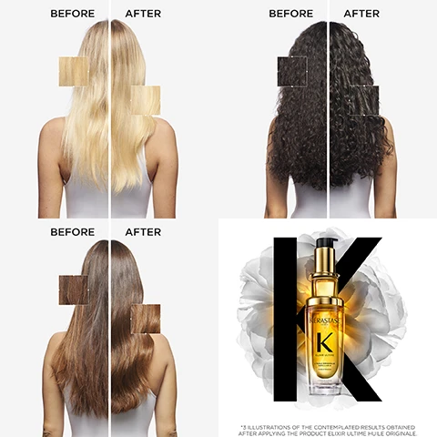 Image 1, before and after. 3 illustrations of the contemplated results obtained after applying the product elixir ultime huile originale. image 2, versatile beautifying hair oil. up to 2 times shinier hair for 48 hours. up to 70% instant softness. up to 4 days anti-frizz. for all hair types. instrumental test vs unwashed hair. instrumental test on sensitised hair. instrumental test. image 3, ingredients. wild and french camellia oils. marula and argan oils. image 4, lightweight non-greasy oil texture. apply 1 or 2 drops depending on hair length and hair type. elixir ultime l'huile originale. image 5, elixir ultime olfactive pyramid. freesia note, sandalwood note, heliotrope note. sublimation of a santal. olfactive interpretation of elixir ultime l'huile originale. image 7, elixir ultime range. refillable bottle 75ml. refill 75ml, travel size 30ml.