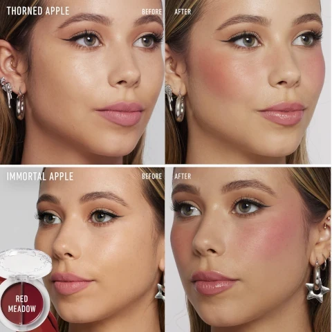 image 1, Before after. image 2, blush placement for your face shape. round square, oval and heart