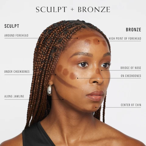 sculpt and bronze. sculpt around forehead, under cheekbones and along jawline. bronze - high point of forehead, bridge of nose, on cheekbones and centre of chin