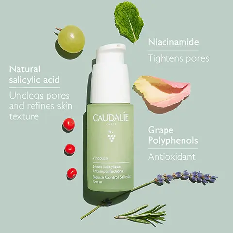 Image 1, Natural salicylic acid Niacinamide Tightens pores Unclogs pores and refines skin texture CAUDALIE Grape Polyphenols Vinopure Sérum Salicylique Anti-imperfections Blemish Control Salicyc Serum Antioxidant Image 2, Natural salicylic acid Unclogs pores and refines skin texture CAUDALIE Niacinamide Tightens pores opure Boutons ylique olic Spot Tea tree essential oil Purifies the spot Image 3, Before After 4 hours *Clinical study self assessment, 22 volunteers Spot less visible after 4 hours* Unretouched result after applying the Salicylic Spot Solution. Result in 4 hours. CAUDALE