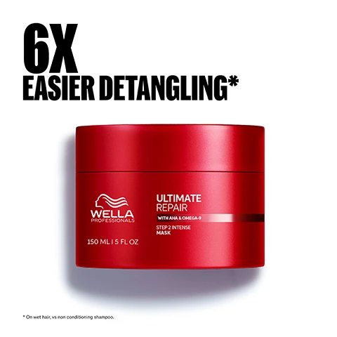 Image 1 - A red jar of Wella Ultimate Repair hair mask with text that reads 6X EASIER DETANGLING* Wella Professionals Ultimate Repair With AHA & Omega-9 Step 2 Intense Mask 150 ML | 5 FL OZ *On wet hair, vs non conditioning shampoo. Image 2 - Image shows an old and new design of a red hair mask jar with an arrow between them, and the text reads NEW DESIGN SAME GREAT FORMULA WELLA PROFESSIONALS ULTIMATE REPAIR MASK WITH AHA & OMEGA 9 Repairs, strengthens & enquires shininess 150 mL (5.1 FL OZ)e WELLA PROFESSIONALS ULTIMATE REPAIR STEP 3 INTENSE MASK 150 ML 5.1 FL OZ.