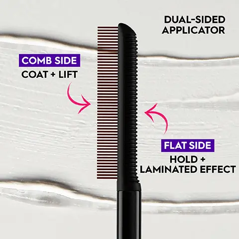 Dual-sided applicator, comb side coat + lift, flat side hold + laminated effect. Transparent formula + dries clear. Instantly laminated look. Up to 24hr strong hold. Instantly laminated look + lift. Transparent, comfortable wear, easy application, no white cast, flake proof, vegan formula. Consumer test on 100 participants, no animal derived ingredients or by-products. Without vs. with, downward, thick, curly, full.