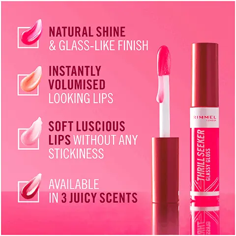 Image 1, natrual and glass like finish, instantly volumized looking lips soft luscious lips without any stickiness and available in 3 juicy scents Image 2, lip loving care for instant hydration nourishment and healthy looking lips anti oxident berry complex