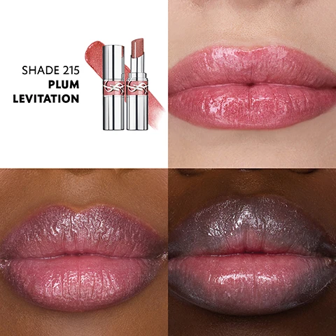 Image 1 - A close-up of two silver lipstick tubes and a swatch of shimmery plum lipstick, displayed next to three different sets of lips wearing the same shade, with the text Shade 215 Plum Levitation. Image 2 - The image displays 24 lip gloss swatches with their corresponding numbers and names, listed as: NEW 10 STARDUST LOVE, 12 ELECTRIC LOVE, 44 NUDE LAVALIERE, 45 CORAL CRUSH, 80 GLOWING LAVA, 122 CARAMEL KISS, 150 NUDE LINGERIE, 154 PINK IN SHINE, 163 RASPBERRY CRUSH, 200 ROSY SAND, 201 ROSEWOOD BLUSH, 202 ROSE NU, 203 BLUSHED MALLOW, 204 MELTED HONEY, 205 NUDE SELF, 206 SHINE AFFAIR, 207 SCENIC BROWN, 208 PINK KISS, 209 BLING PINK, 210 PASSION RED, 211 ARDENT CARMINE, 212 DEEP RUBY, 213 PINK TRIP, 214 WET GUAVA, NEW 215 PLUM LEVITATION. Image 3 - A grid of 36 images shows lips wearing various glossy lip products, featuring 12 unique shades each presented three times, with visible numbers 12, 44, 122, 150, 154, 200, 201, 202, 203, 206, 209, 215. Image 4 - A YSL lipstick with a nude-pink shade is shown next to ripe pomegranate arils, with text that reads UP TO 24H* MOISTURE FEEL POMEGRANATE FROM YSL OURIKA COMMUNITY GARDENS HYALURONIC ACID & VITAMIN E *CONSUMER TEST, 65 WOMEN, and the YSL logo. Image 5 - A woman in a black leather jacket and gold jewelry, partially submerged in water, applies a pink YSL Loveshine lipstick to her lips, with two tubes of YSL Loveshine lipstick displayed at the bottom right and the YSL logo at the top right, alongside the text YSL LOVESHINE, Yves Saint Laurent, and NEW HIGH SHINE LIPSTICK. Image 6 - A comparison chart of four YSL lip products including their packaging, lip swatches, texture swatches, longwear ratings, and color coverage ratings, with the visible text: FIND YOUR YSL LIPSTICK, YSL LOVESHINE CANDY GLOW, YSL LOVESHINE, YSL LOVESHINE CANDY GLAZE, YSL LOVESHINE PLUMPING LIP OIL GLOSS, TEXTURE, BUTTERY HEALTHY GLOW, OIL-INFUSED WET SHINE, JELLYLIKE GLAZED SHINE, SYRUPY GLASSY SHINE, LONGWEAR, COLOR COVERAGE.