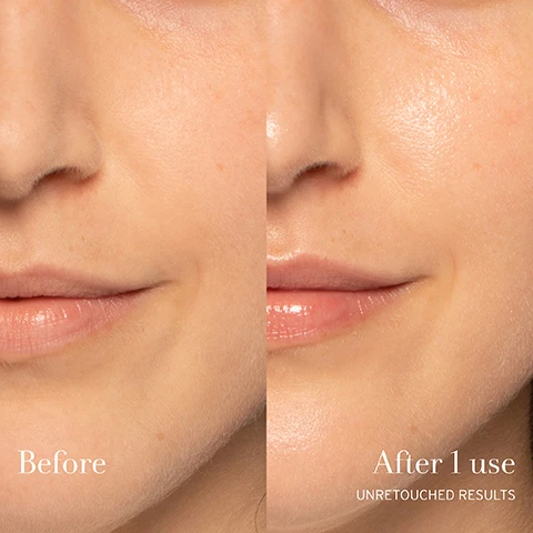 Image 1, before and after 1 use. unretouched results. image 2, kombucha - delivers 24 hour antioxidant protection. advanced metabiotic - visibly repairs for 24 hours. hyaluronic acid = hydrates and visibly plumps. artemisia flower = promotes an even complexion. ex vivo tests, in vitro tests. image 3, before and immediate luminosity