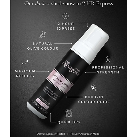 our darkest shade now in 2 hour express. 2 hour express. natural olive colour. maximum result. professional strength. built in colour guide. quick dry. dermatologically tested. proudly australian made