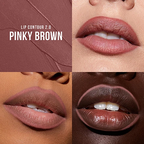 Image 1, lip contour 2.0 = pinky brown. image 2, liquid matte = bombshell