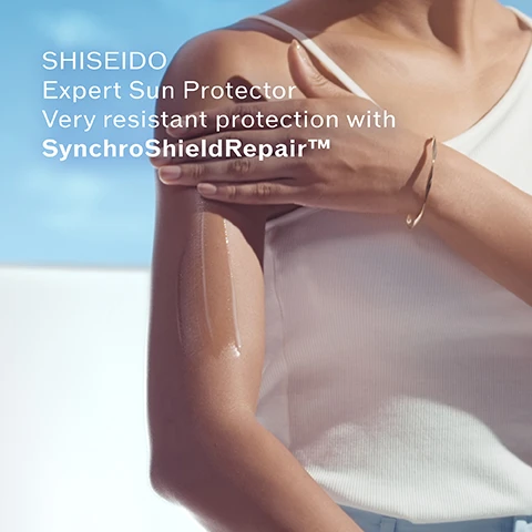 Image 1, sheshedio expert sun protector very resistant protection with synchro shield repair. image 2, safflower extract for beautified and plumped skin. algae complex for hydrated and smoothed skin. image 3, new synchro shield repair. wet force strengthens the protection veil in contact with water plus heat force boost the protection veil in hot water. auto repair  - the protection veil repairs itself in case of friction. image 4, 90% plant derived plastic bottle. without cap.